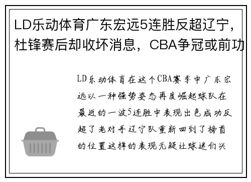 LD乐动体育广东宏远5连胜反超辽宁，杜锋赛后却收坏消息，CBA争冠或前功尽弃？