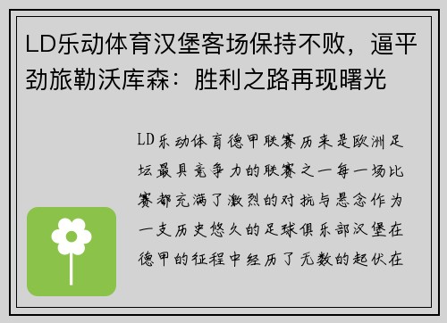 LD乐动体育汉堡客场保持不败，逼平劲旅勒沃库森：胜利之路再现曙光