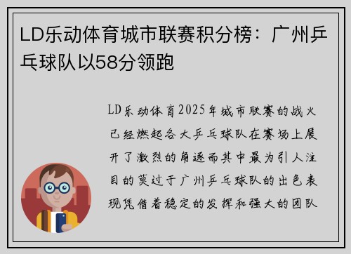 LD乐动体育城市联赛积分榜：广州乒乓球队以58分领跑