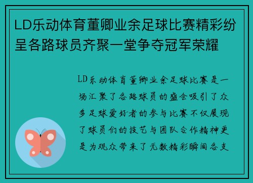 LD乐动体育董卿业余足球比赛精彩纷呈各路球员齐聚一堂争夺冠军荣耀