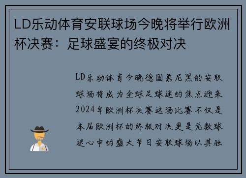 LD乐动体育安联球场今晚将举行欧洲杯决赛：足球盛宴的终极对决